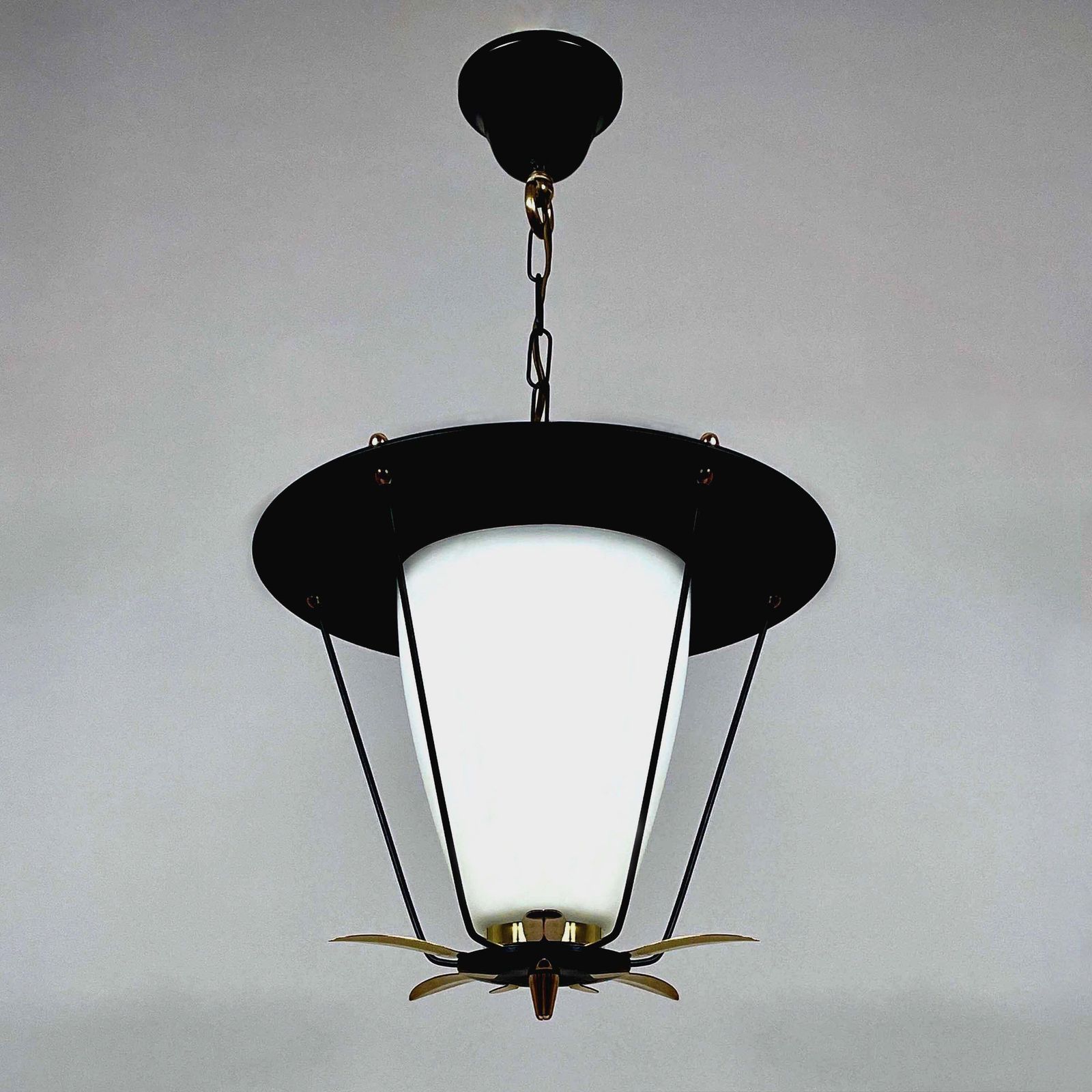 Black Metal And White Opaline Lantern With Brass Details, France 1950s photo furniture