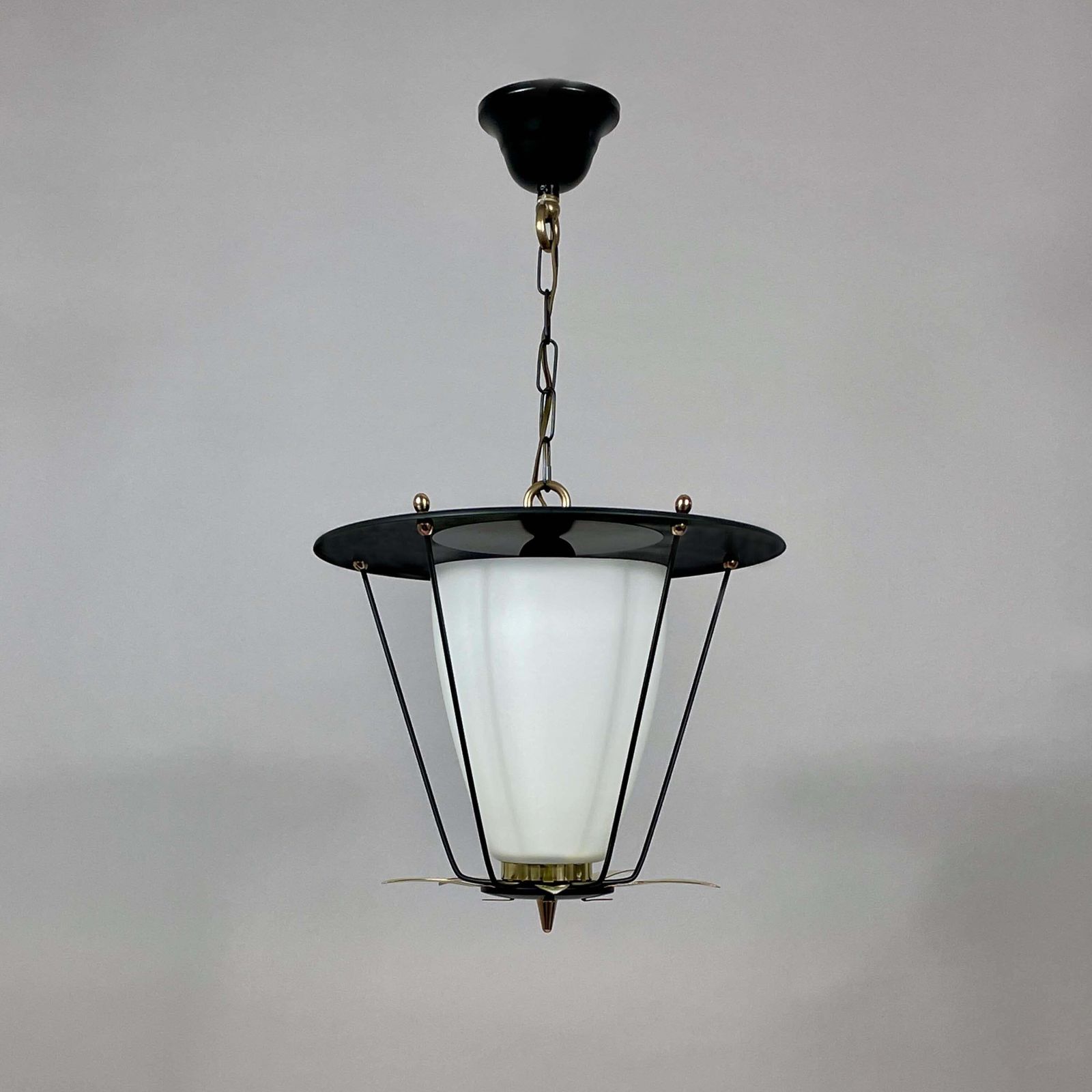 photo buy Black Metal And White Opaline Lantern With Brass Details, France 1950s