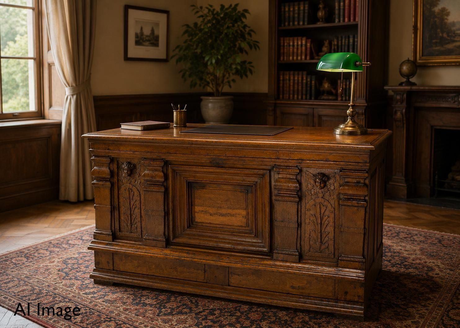 photo buy French 19th Century Carved Oak Putti Desk Louis XIII Facade Circa 17th Century