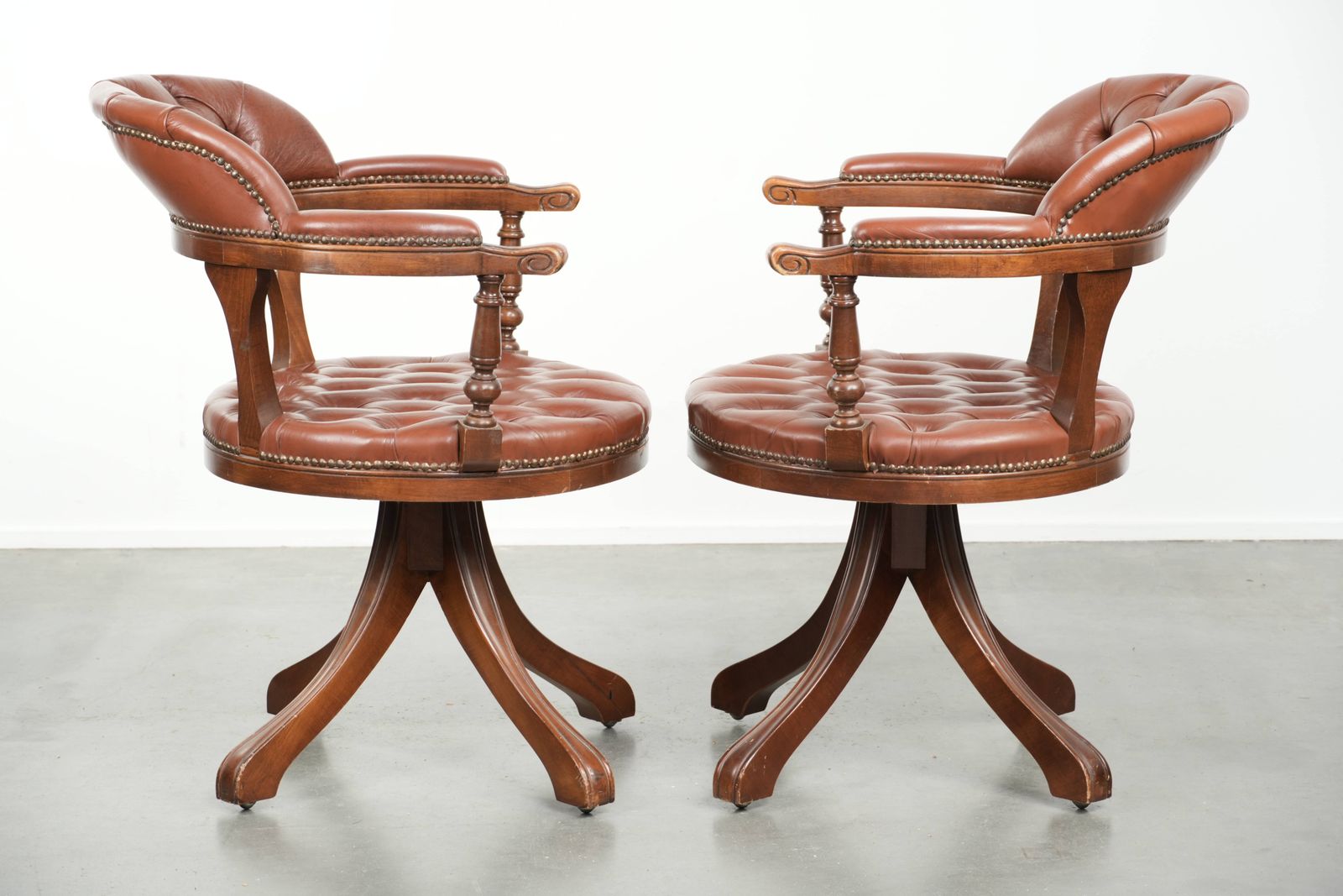 Set Of 2 Swivel English Style Cowhide Leather Chesterfield Office Chairs In A Beautiful Brown Color photo furniture