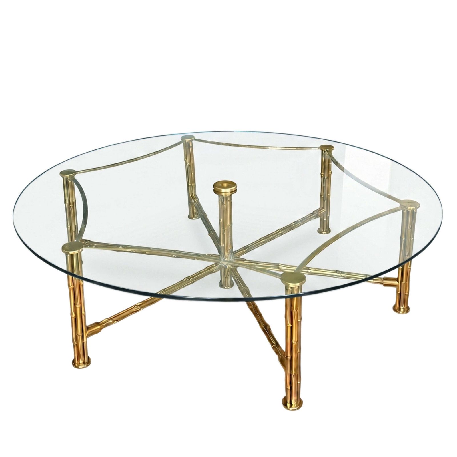 French Midcentury Very Large Coffee Table   Solid Brass Faux Bamboo With A Clear Glass Top