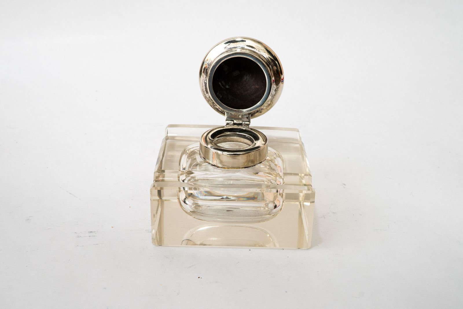 Art Deco Inkwell With Cut Glass And Brass( Nickel  Plated ) Around 1920s photo for sale