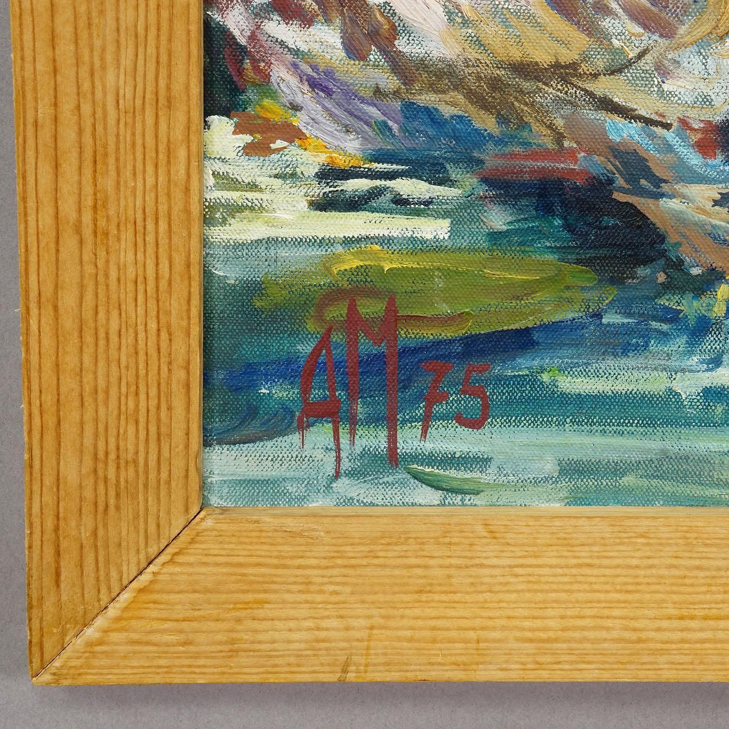 Eendenvijver in Taufkirchen, 1975 – Olieverfschilderij van Alexander Michael photo 455.0