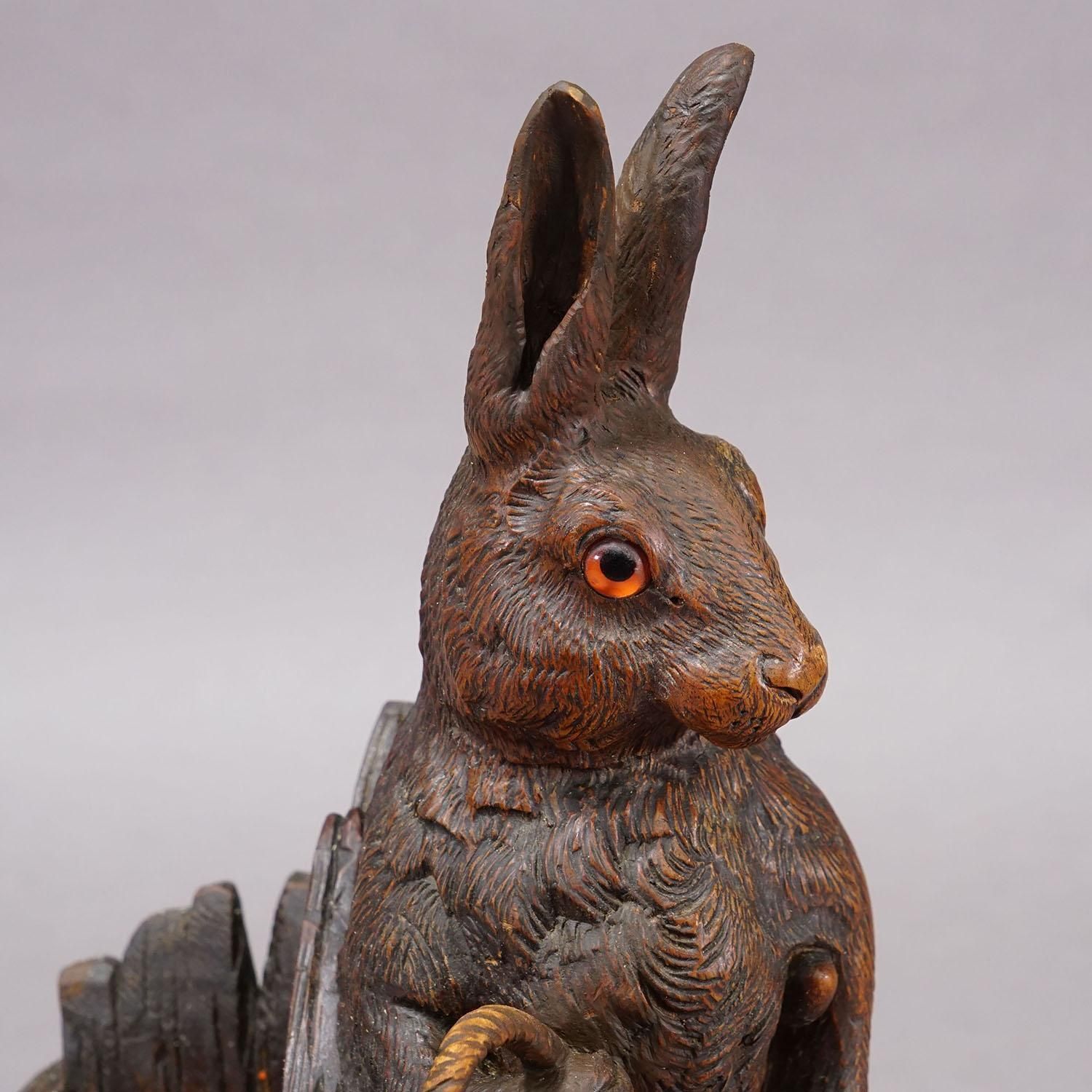 Antique Black Forest Carved Rabbit Figure With Basket, Circa 1900 photo vinterior