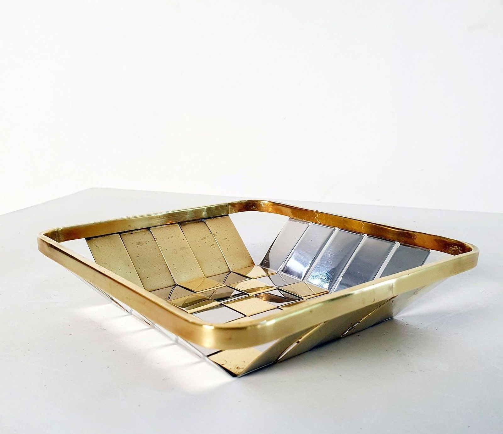 Italian Metal Basket In Silver And Gold, Modern Design, 1970s Style photo for sale