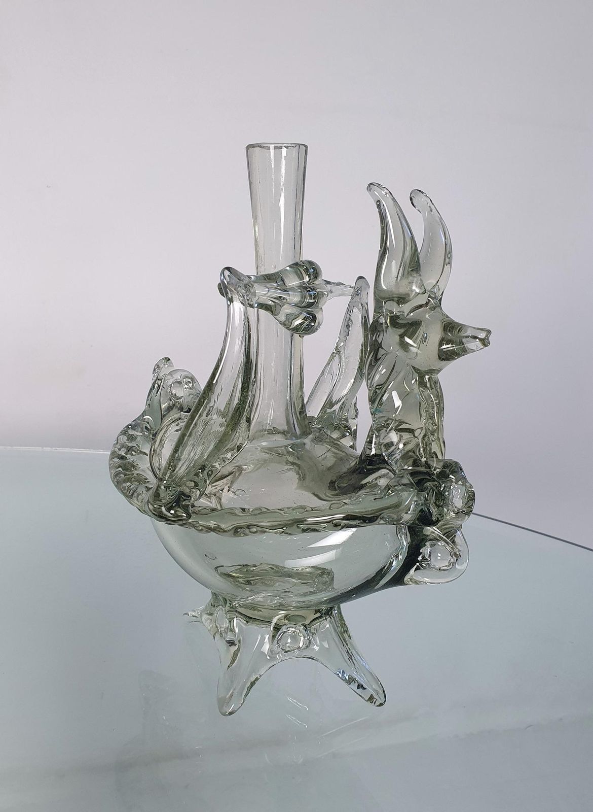 Murano Glass Vase And Candle Holder, Mystical Fox Design, Italy, 1940s photo vintage
