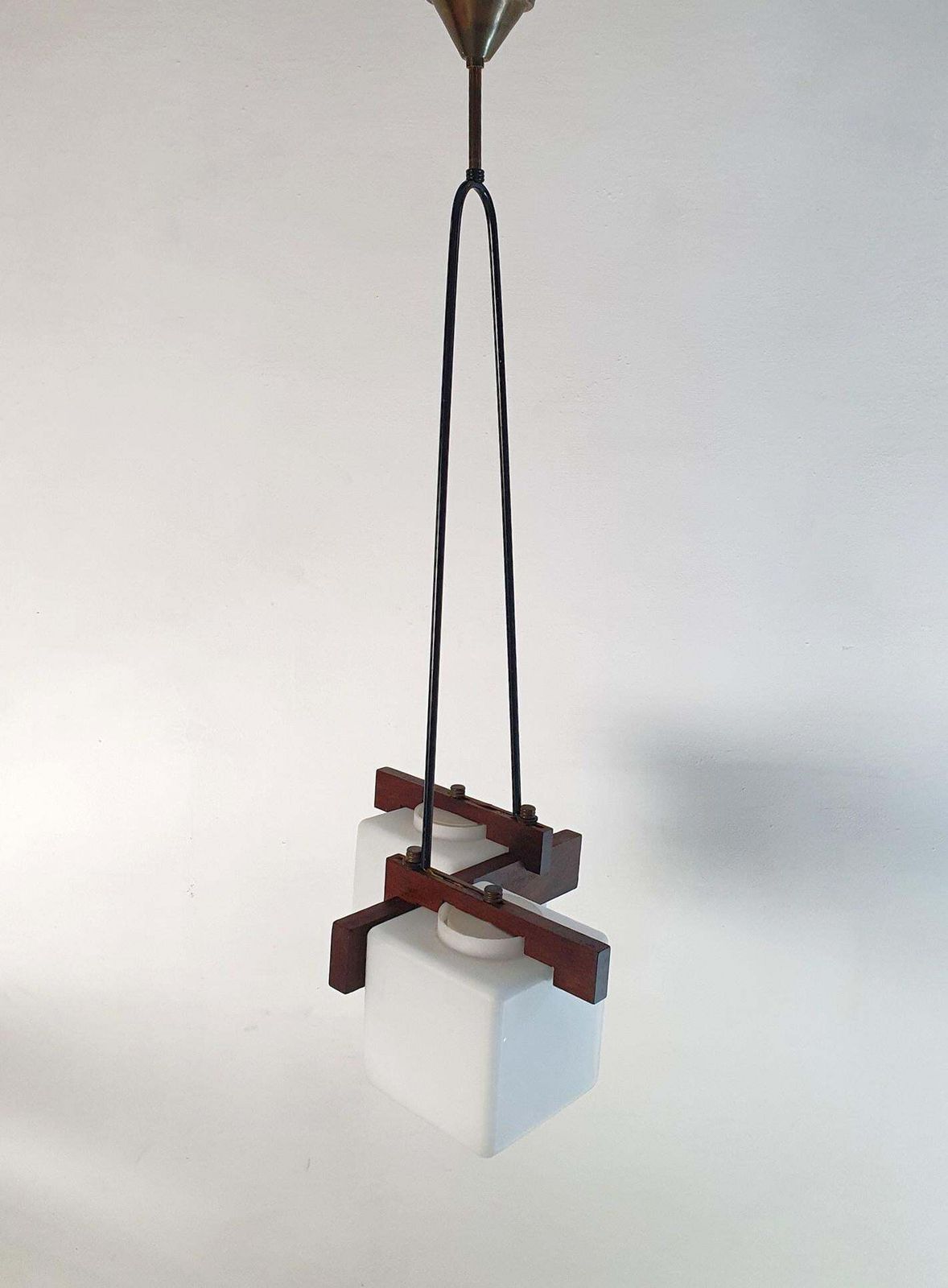 1960s Midcentury Italian Pendant Light With Teak & Opaline Glass photo furniture
