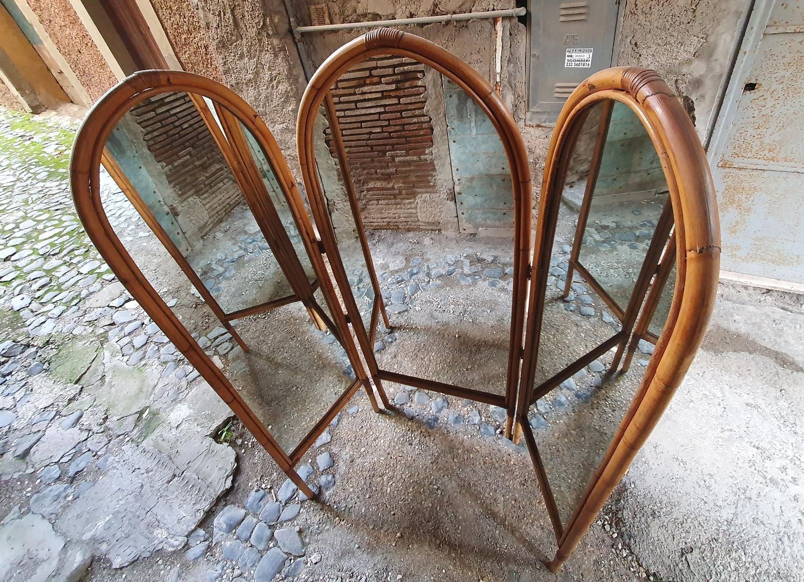 photo furniture Italian Mid Century Modern Bamboo And Mirror Room Divider, 1960s