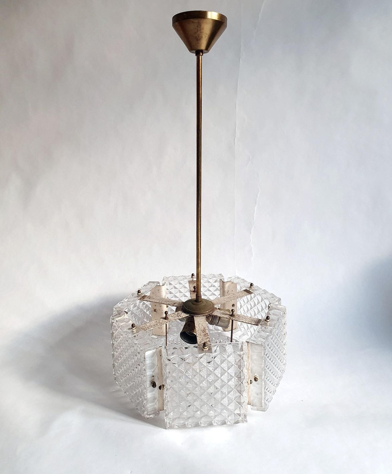 1960s Mid Century Modern Chandelier By Orrefors, Brass & Glass photo Lighting