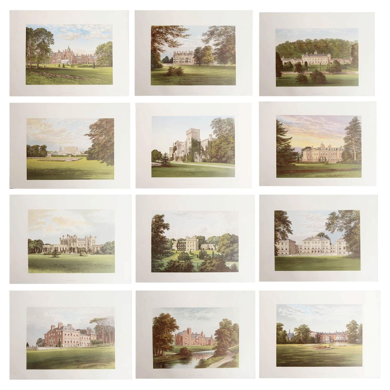 Set Of 12 Antique Prints Of English Country Houses And Gardens, C.1880