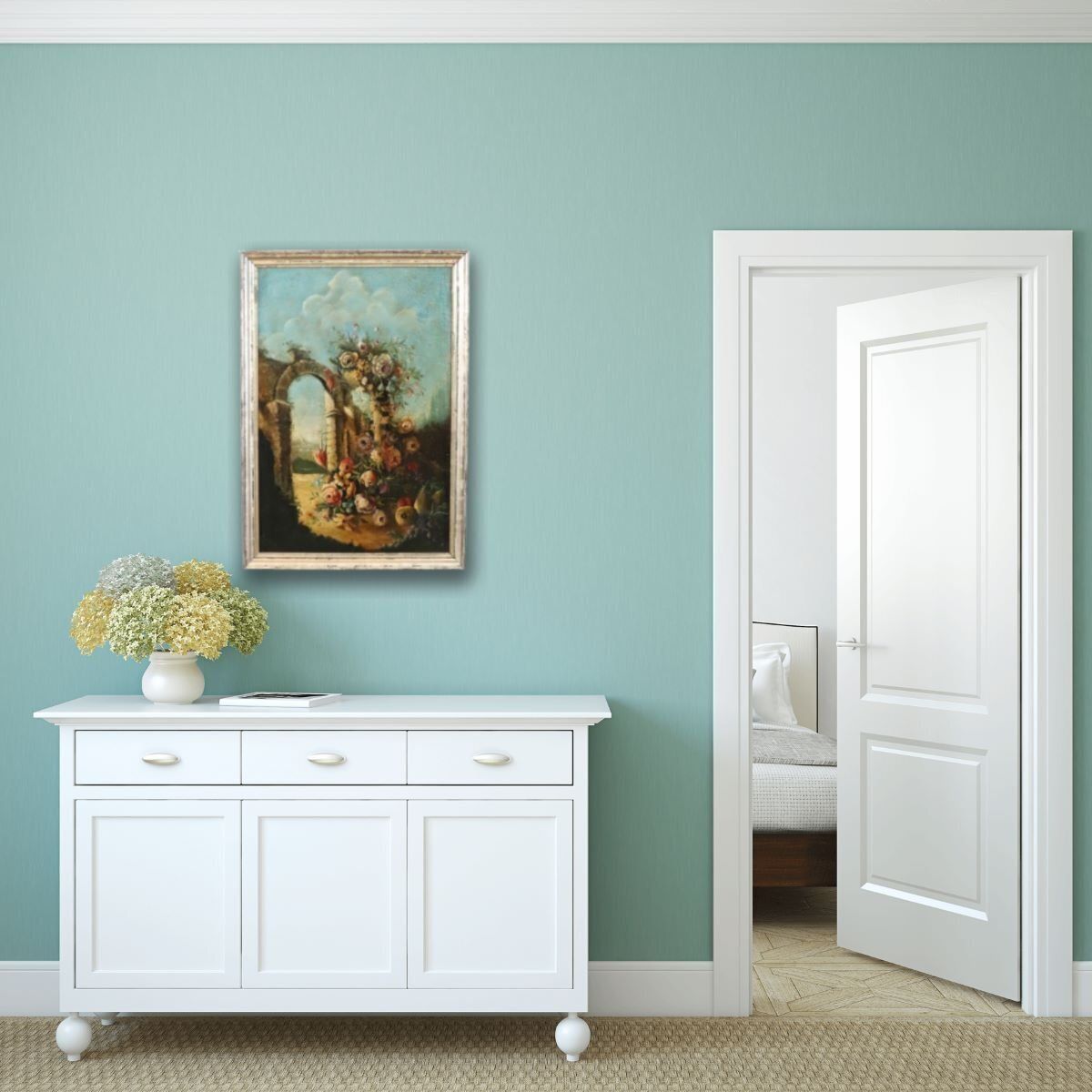 Still Life With Flowers, Fruits And Architectural Elements, 1800s, Oil Painting On Canvas, Framed photo furniture