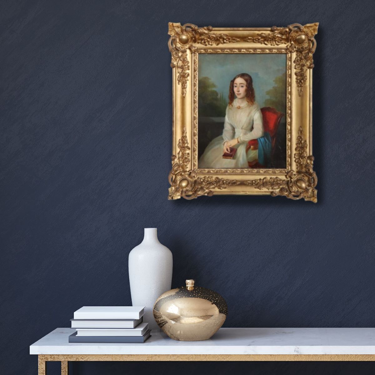 Portrait Of A Young Woman With A Book, Oil Painting On Canvas, 19th Century, Framed photo furniture