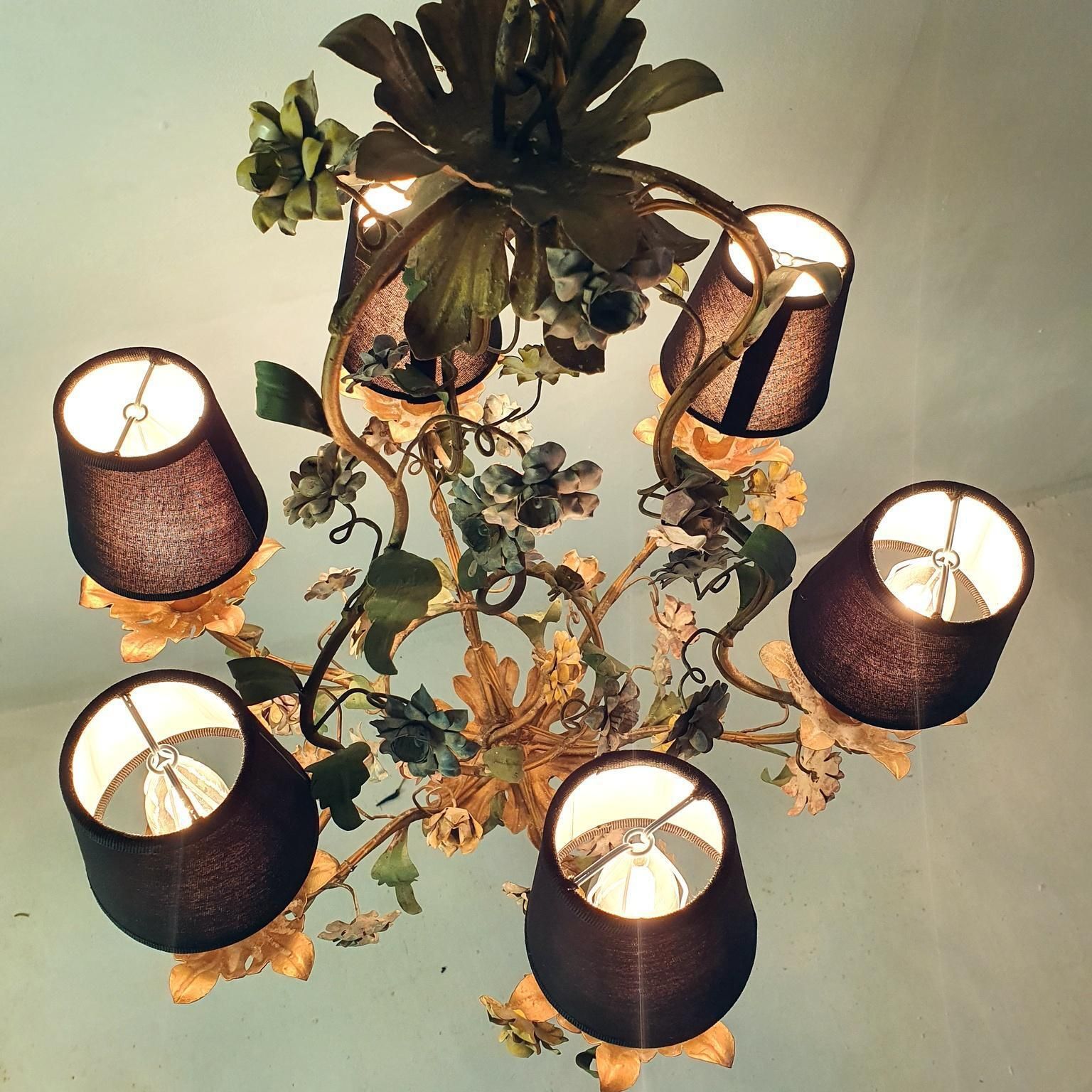 Midcentury Italian Tole Chandelier, Iron With Floral Design, 1950s photo vinterior