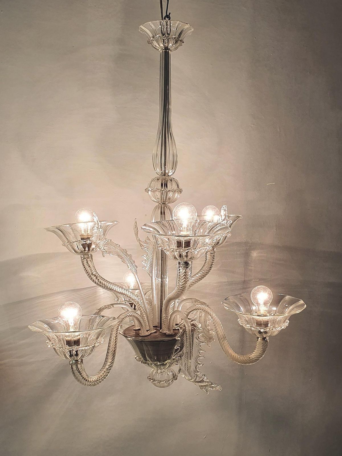 Murano Chandelier, Clear Glass, Rococo Style, Six Arms, Italy, 1950s photo buy