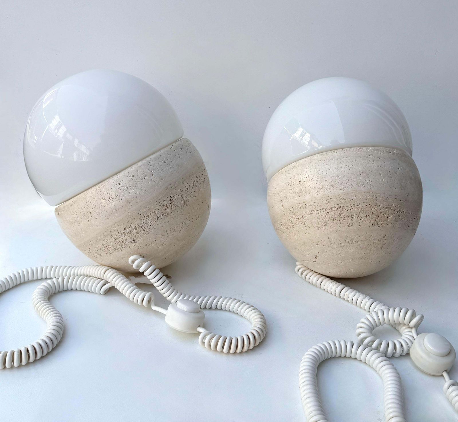 Pair Of Travertine And Opaline Glass Culbuto Lamps Italy, 1980s photo 4756.0