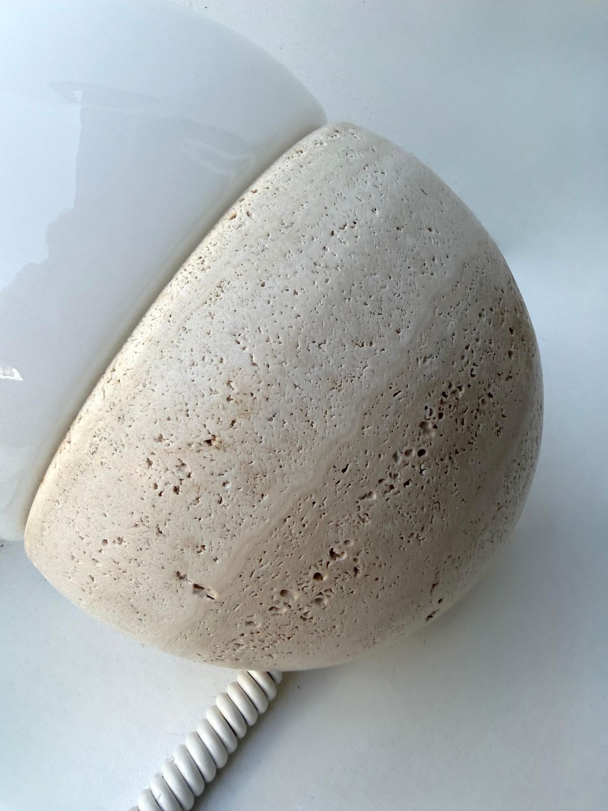 photo furniture Pair Of Travertine And Opaline Glass Culbuto Lamps Italy, 1980s