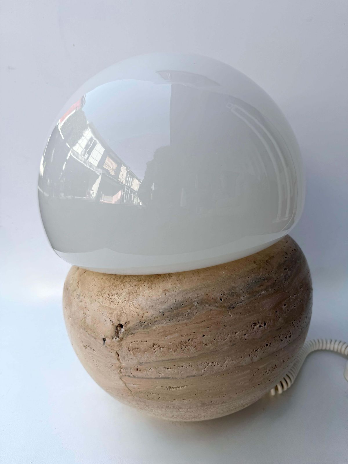 Pair Of Travertine And Opaline Glass Culbuto Lamps Italy, 1980s photo for sale