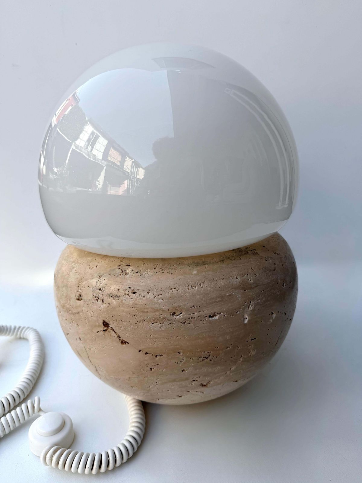 photo for sale Pair Of Travertine And Opaline Glass Culbuto Lamps Italy, 1980s