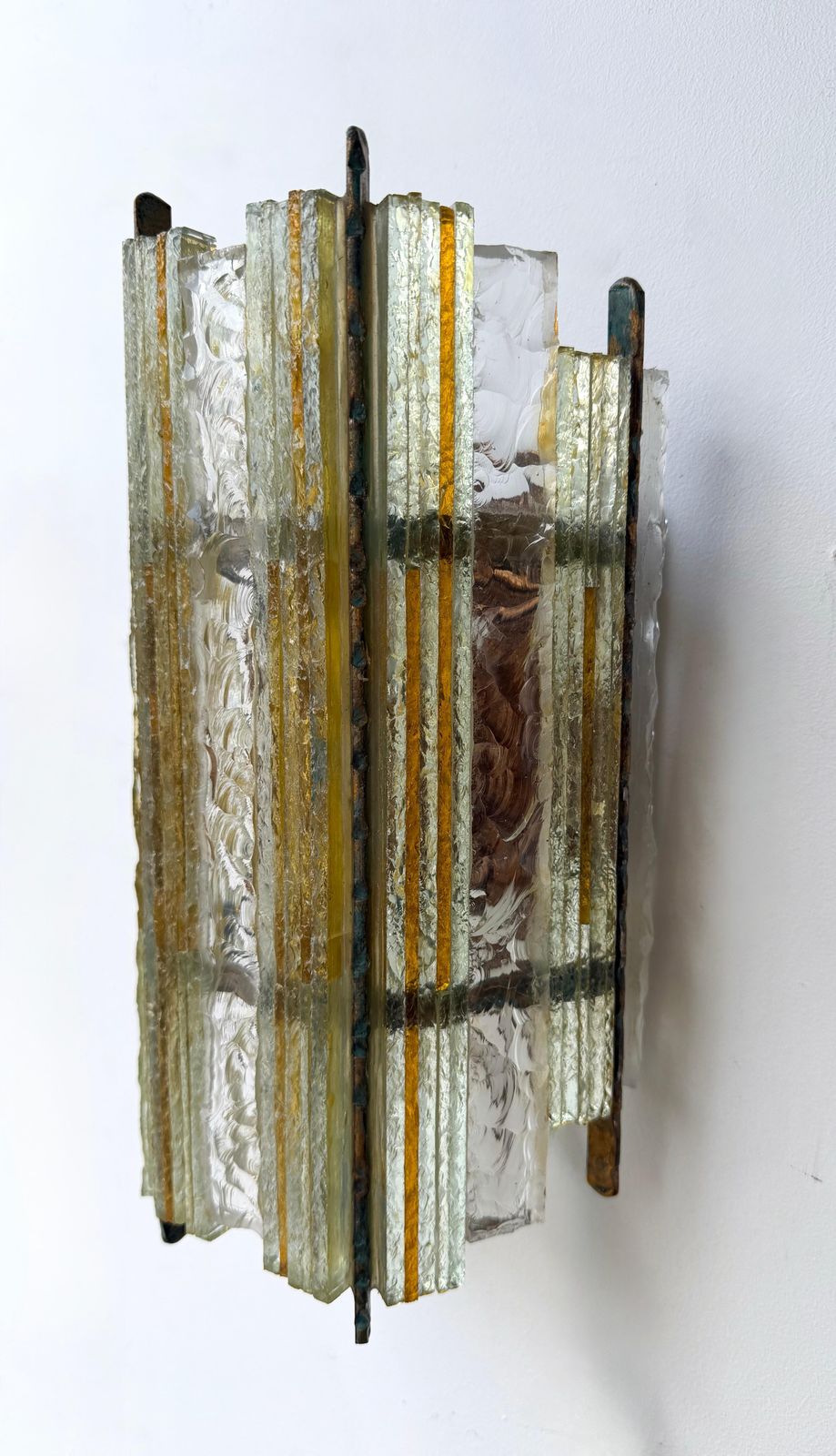 Pair Of Hammered Glass Wrought Iron Sconces By Longobard, Italy, 1970s photo vintage