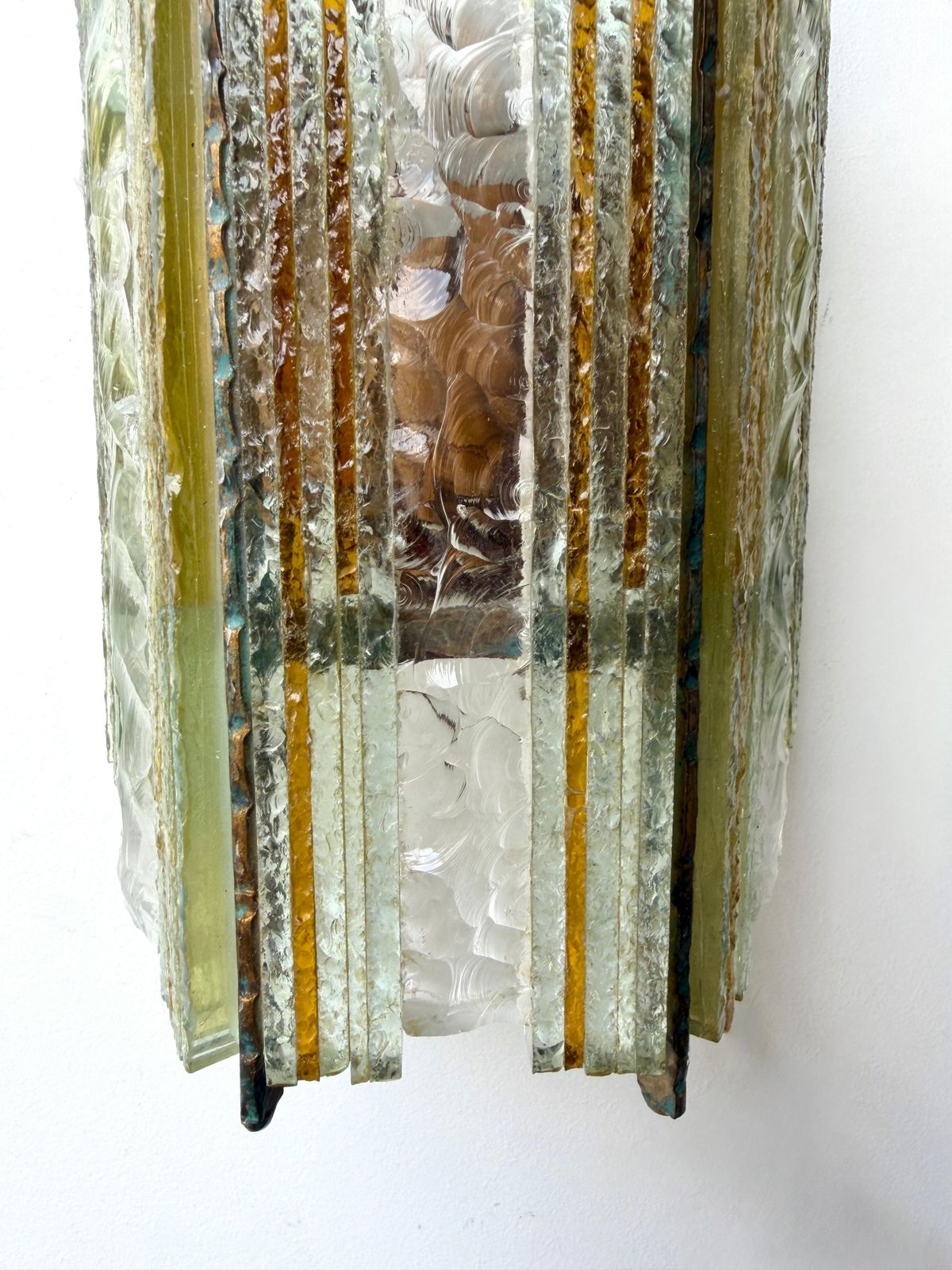 Lighting Pair Of Hammered Glass Wrought Iron Sconces By Longobard, Italy, 1970s photo