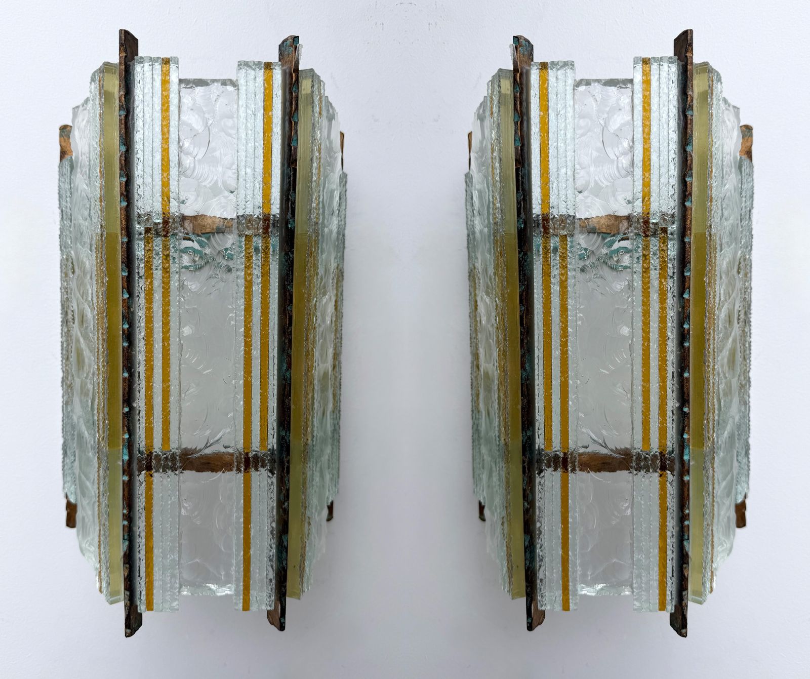 4237.0 Pair Of Hammered Glass Wrought Iron Sconces By Longobard, Italy, 1970s photo
