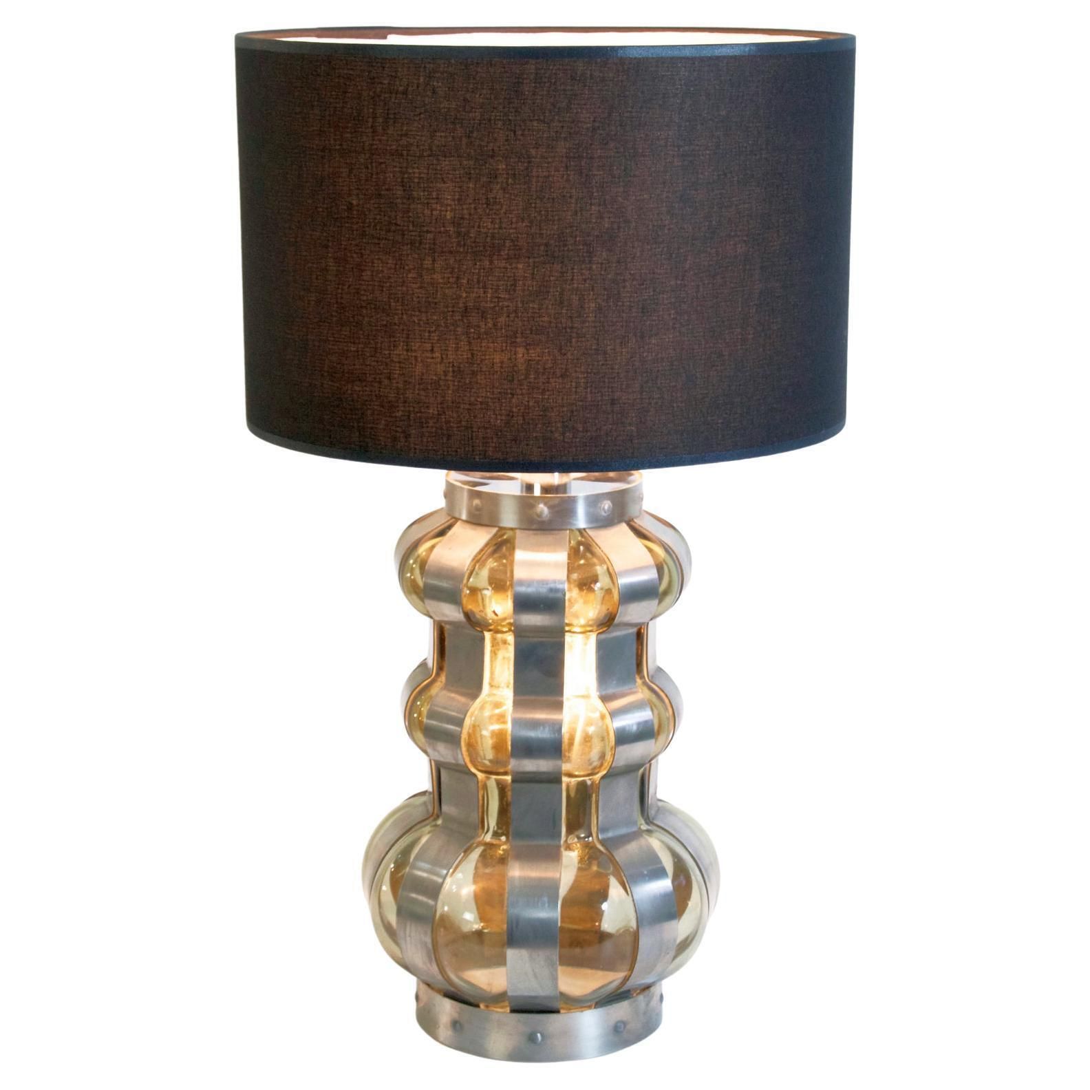Brutalist Style Table Lamp, Smoke Glass And Metal, Italian, 1960s photo for sale