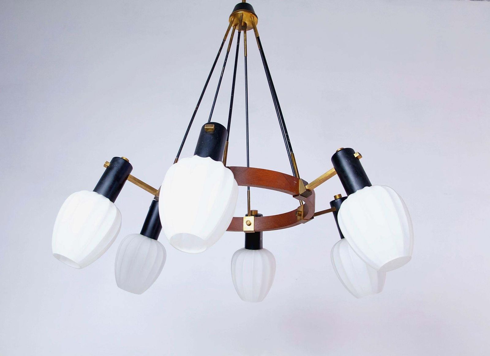 Midcentury Italian Chandelier, Teak Frame, Opaline Glass Shades, 1950s photo furniture