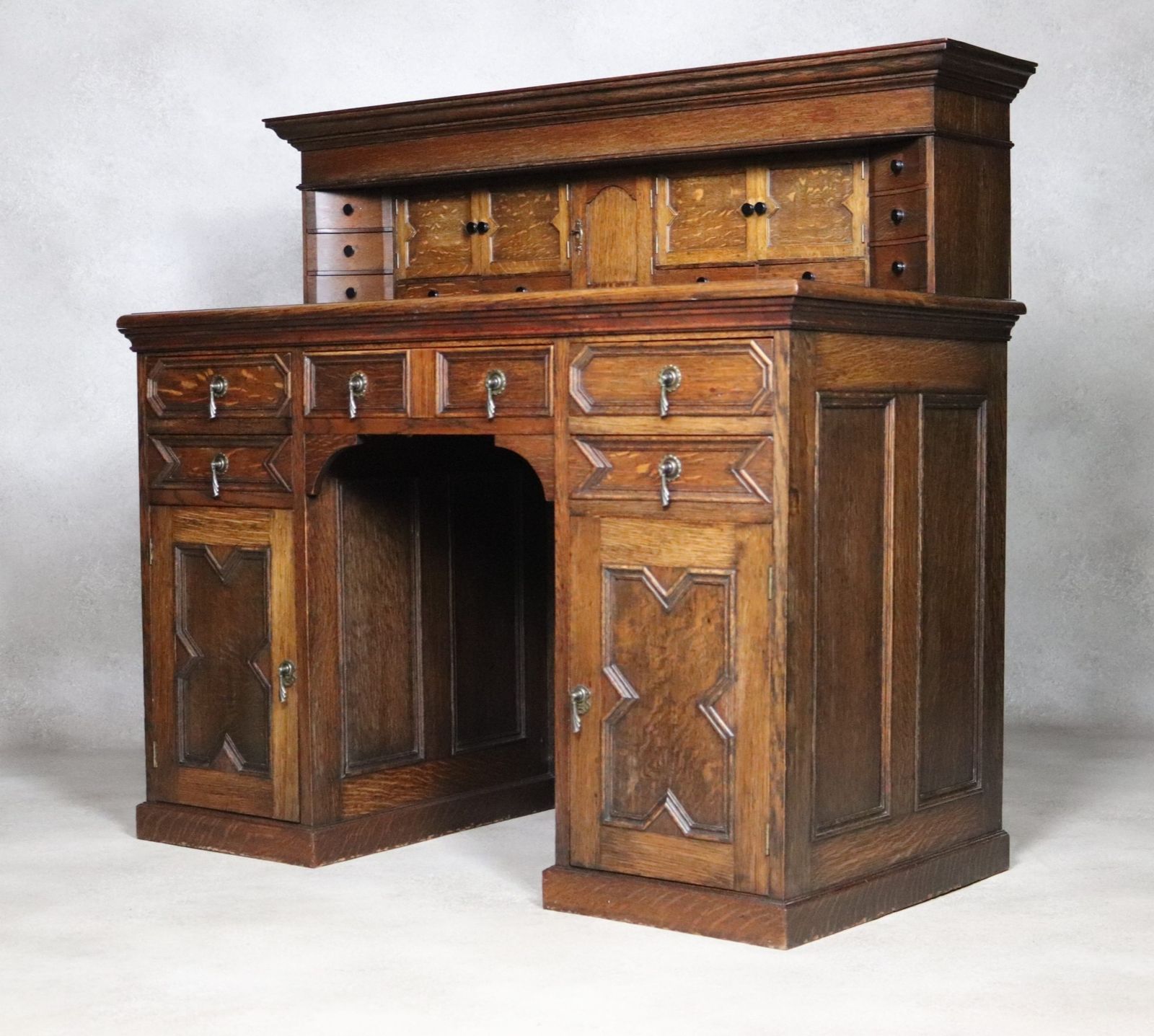 Large Antique Edwardian Jacobean Revival Oak Pedestal Desk Gallery Top