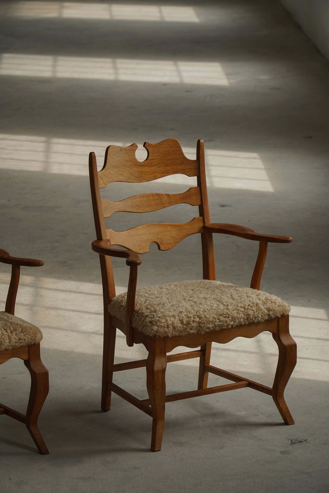 Pair Of Razorblade Armchairs By Henning Kjærnulf, Oak & Lambswool, 1960 photo for sale