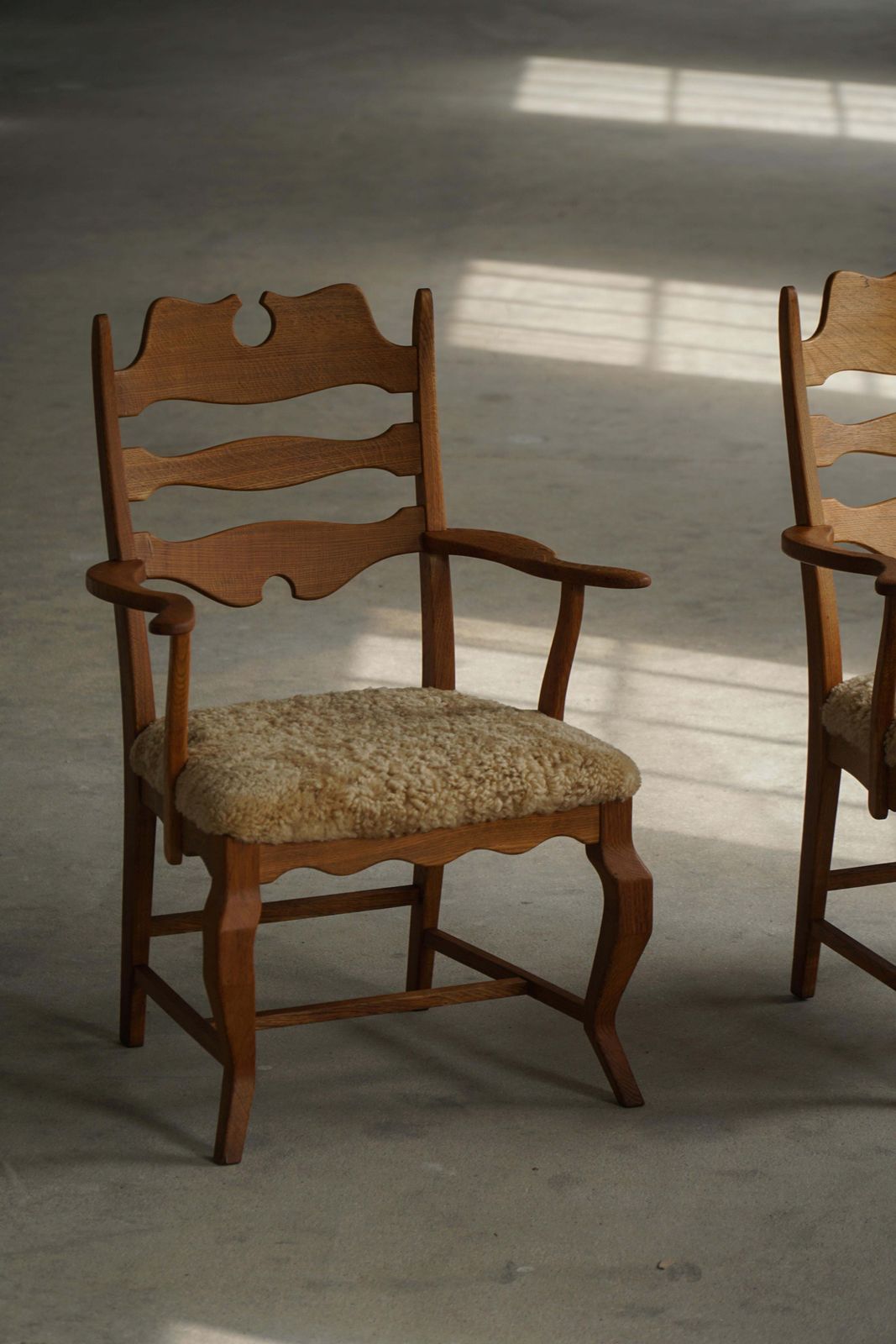 photo for sale Pair Of Razorblade Armchairs By Henning Kjærnulf, Oak & Lambswool, 1960