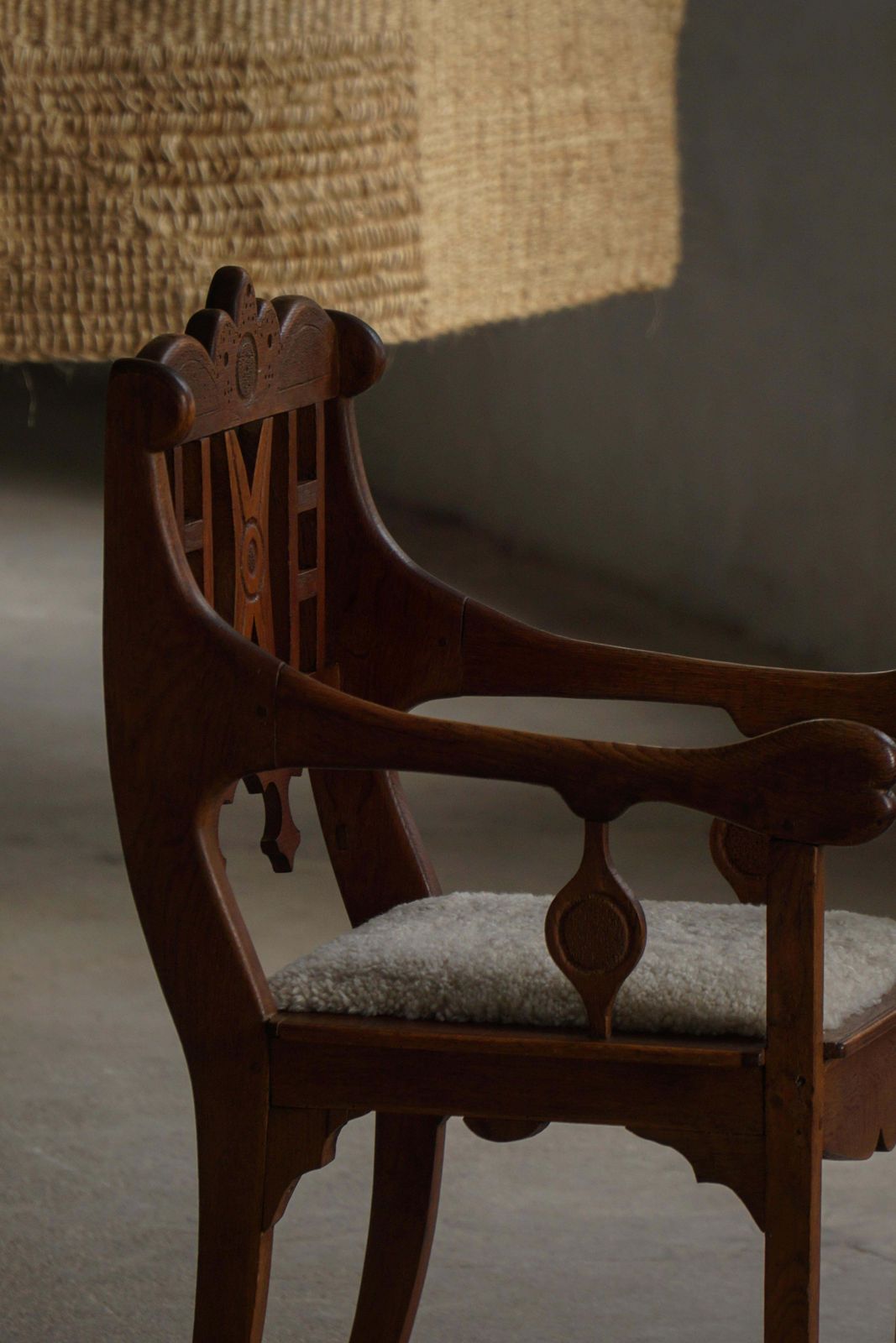 1198.0 Danish Folk Art Armchair In Oak & Lambswool Seat, Early 20th Century, 1930s photo