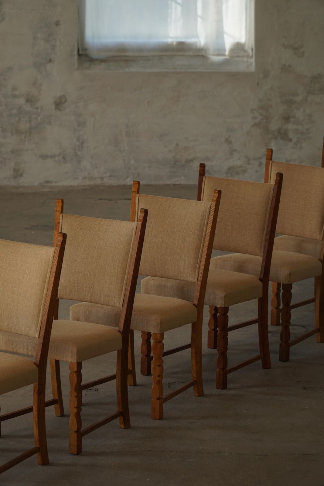 Set Of 10 Dining Chairs, Oak & Hessian, Henning Kjærnulf, Danish Modern, 1950s photo vintage