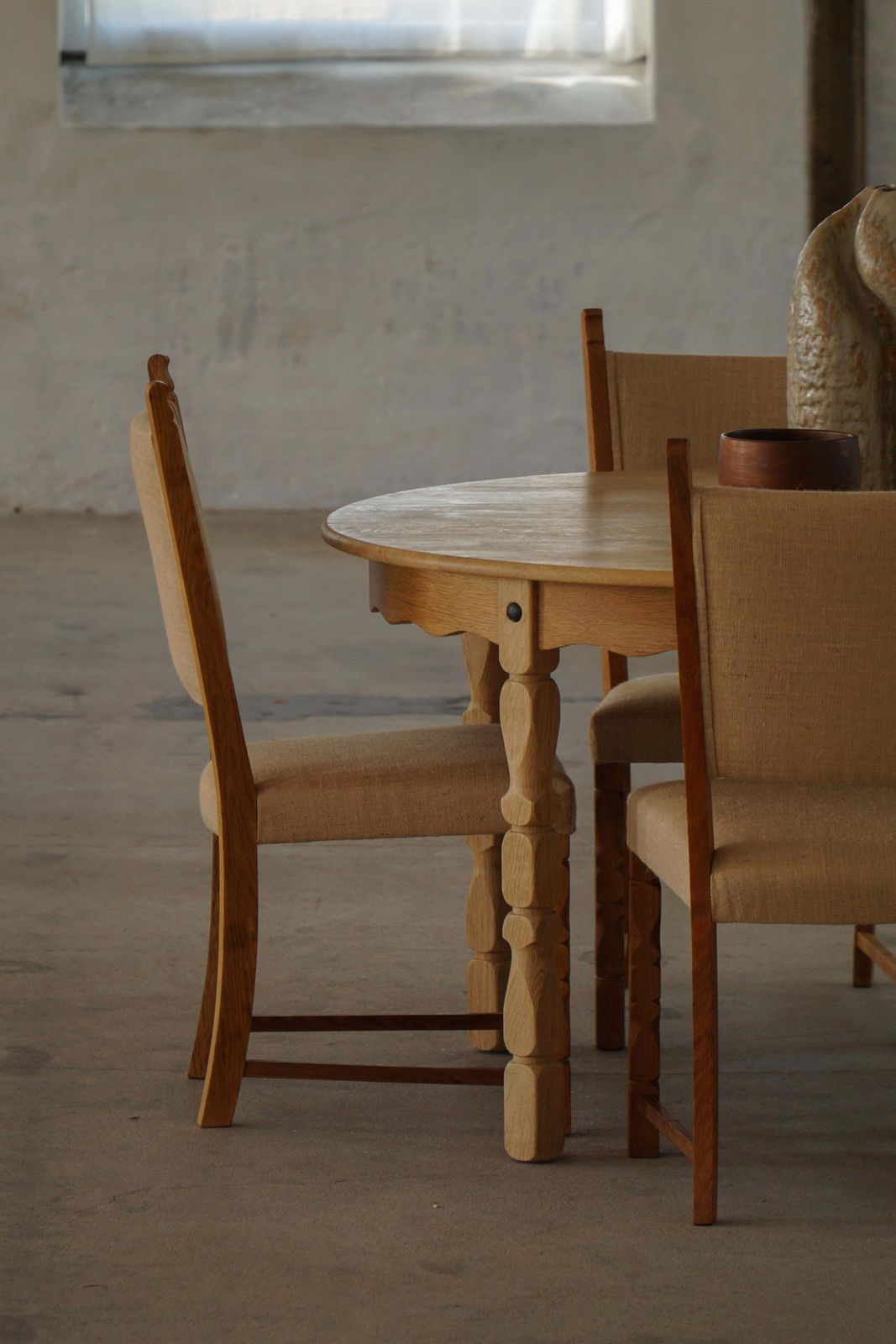 photo buy Set Of 10 Dining Chairs, Oak & Hessian, Henning Kjærnulf, Danish Modern, 1950s