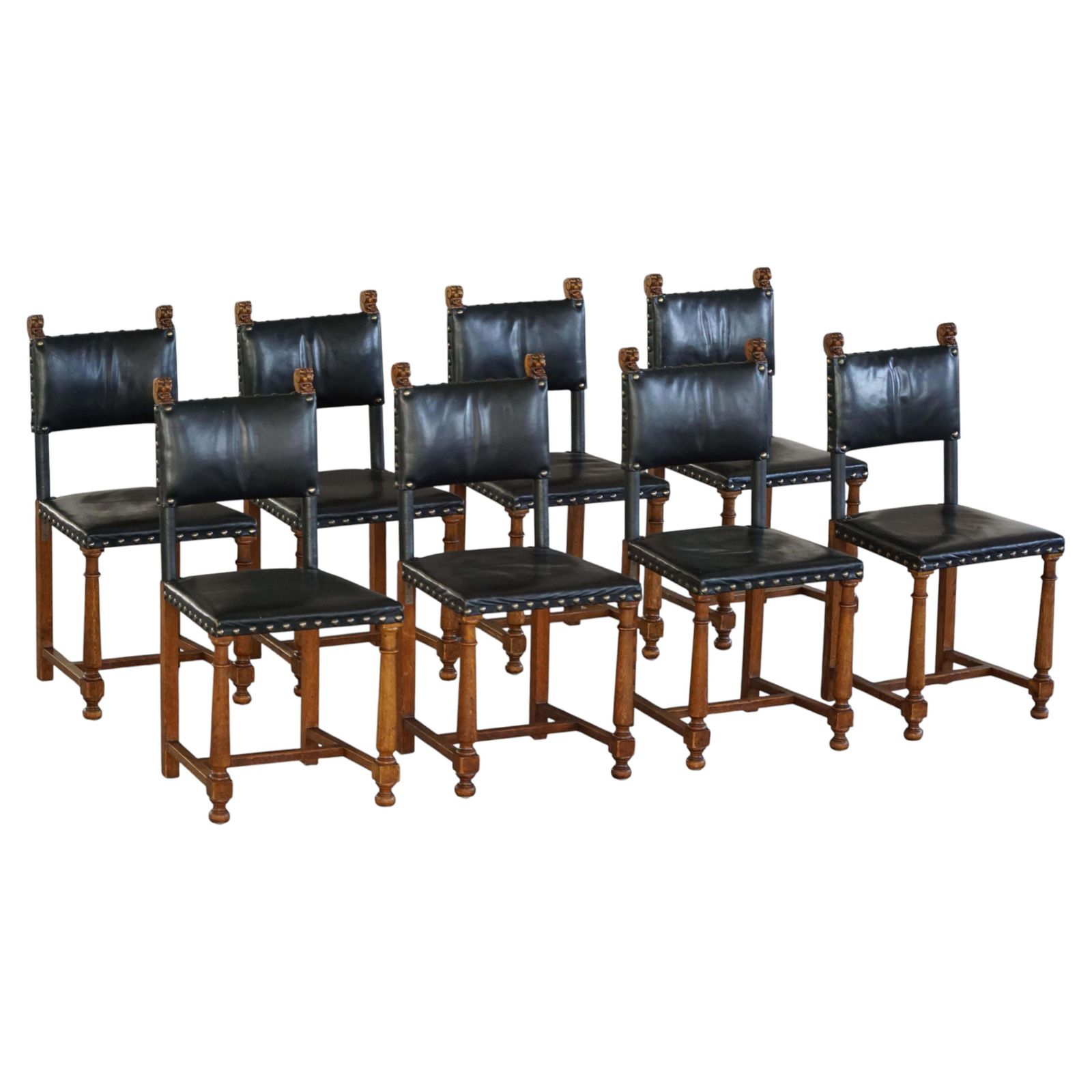 Set Of 8 Swedish Grace Dining Chairs, Leather & Carved Wood, Early 20th Century