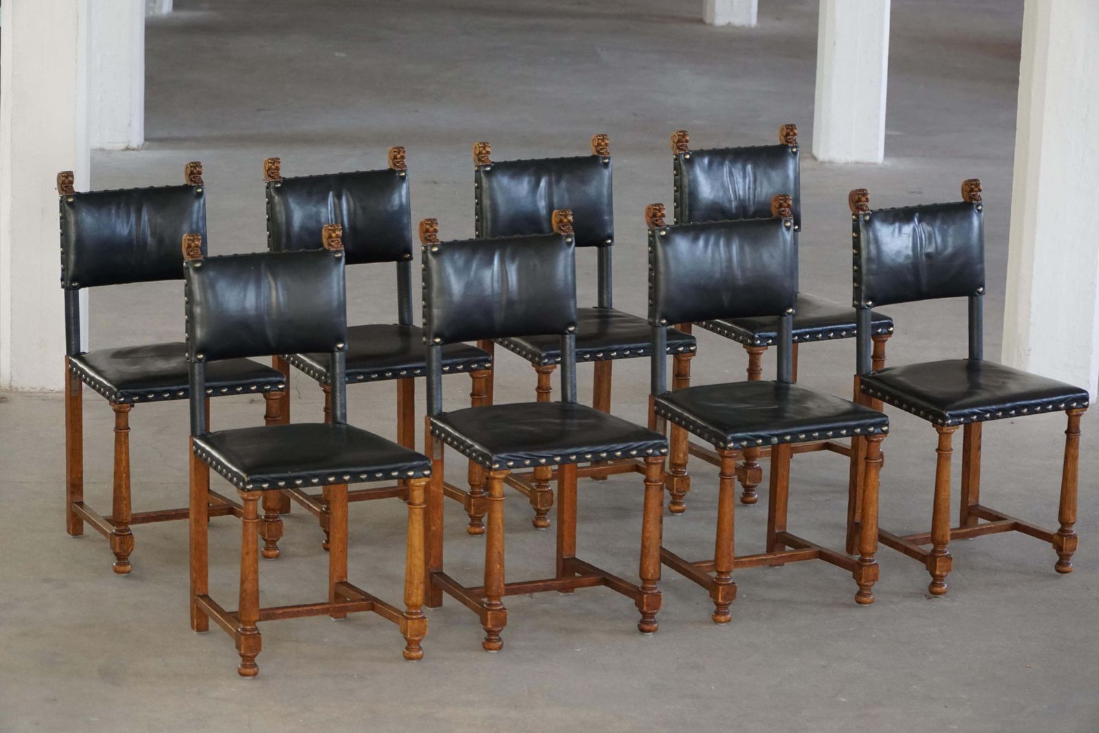 photo buy Set Of 8 Swedish Grace Dining Chairs, Leather & Carved Wood, Early 20th Century