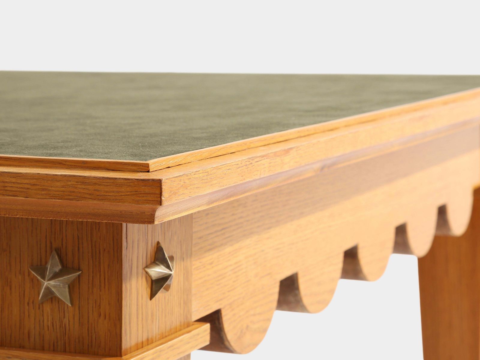 Maxime Old French Oak Wood Brass Green Suede Game Table 1940 photo Home Decor