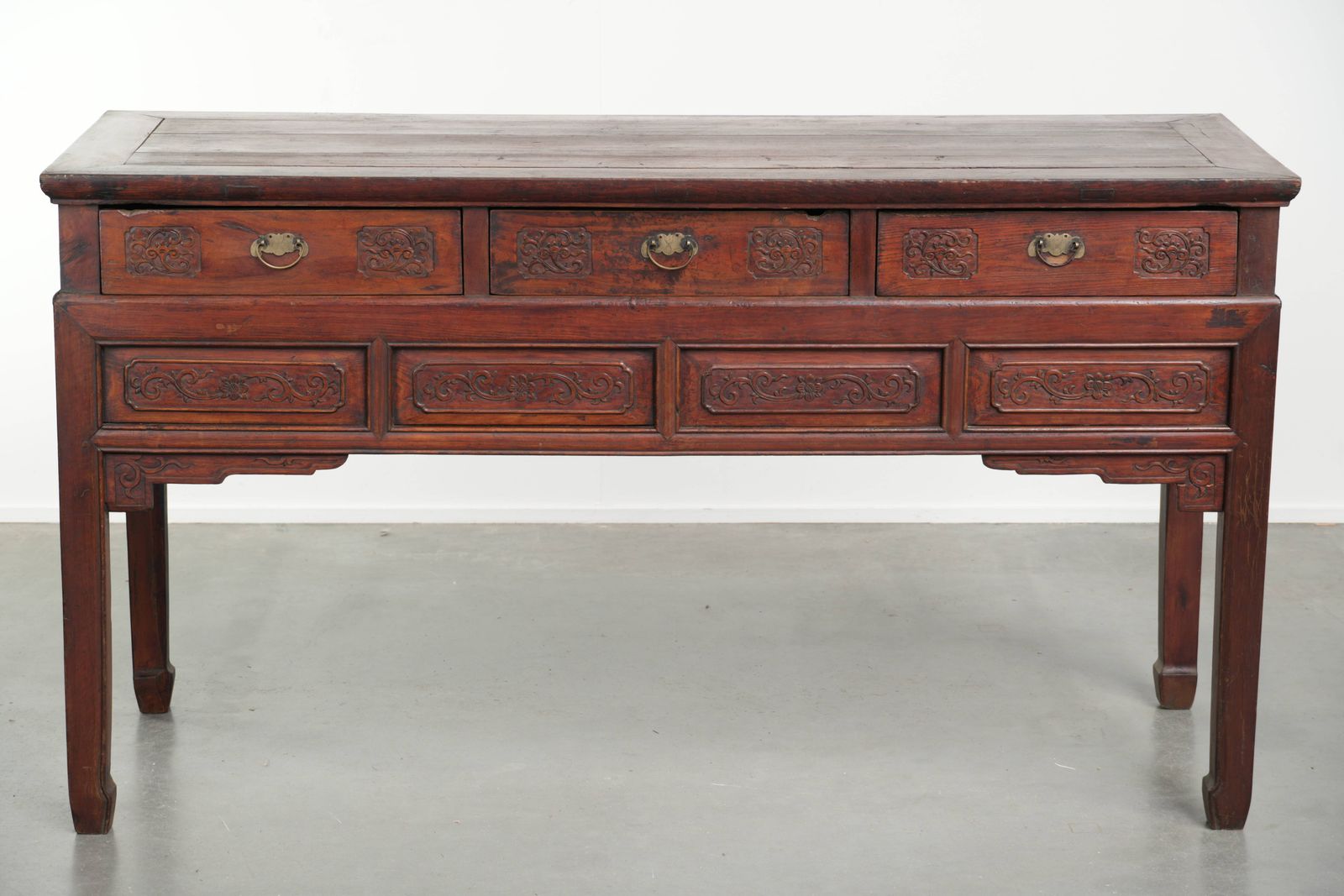 Antique Wooden Chinese Sideboard From The Late 19th Century In A Beautiful Red Color With Exquisite Wood Carving. photo furniture