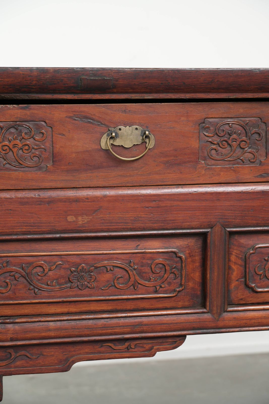 Furniture Antique Wooden Chinese Sideboard From The Late 19th Century In A Beautiful Red Color With Exquisite Wood Carving. photo