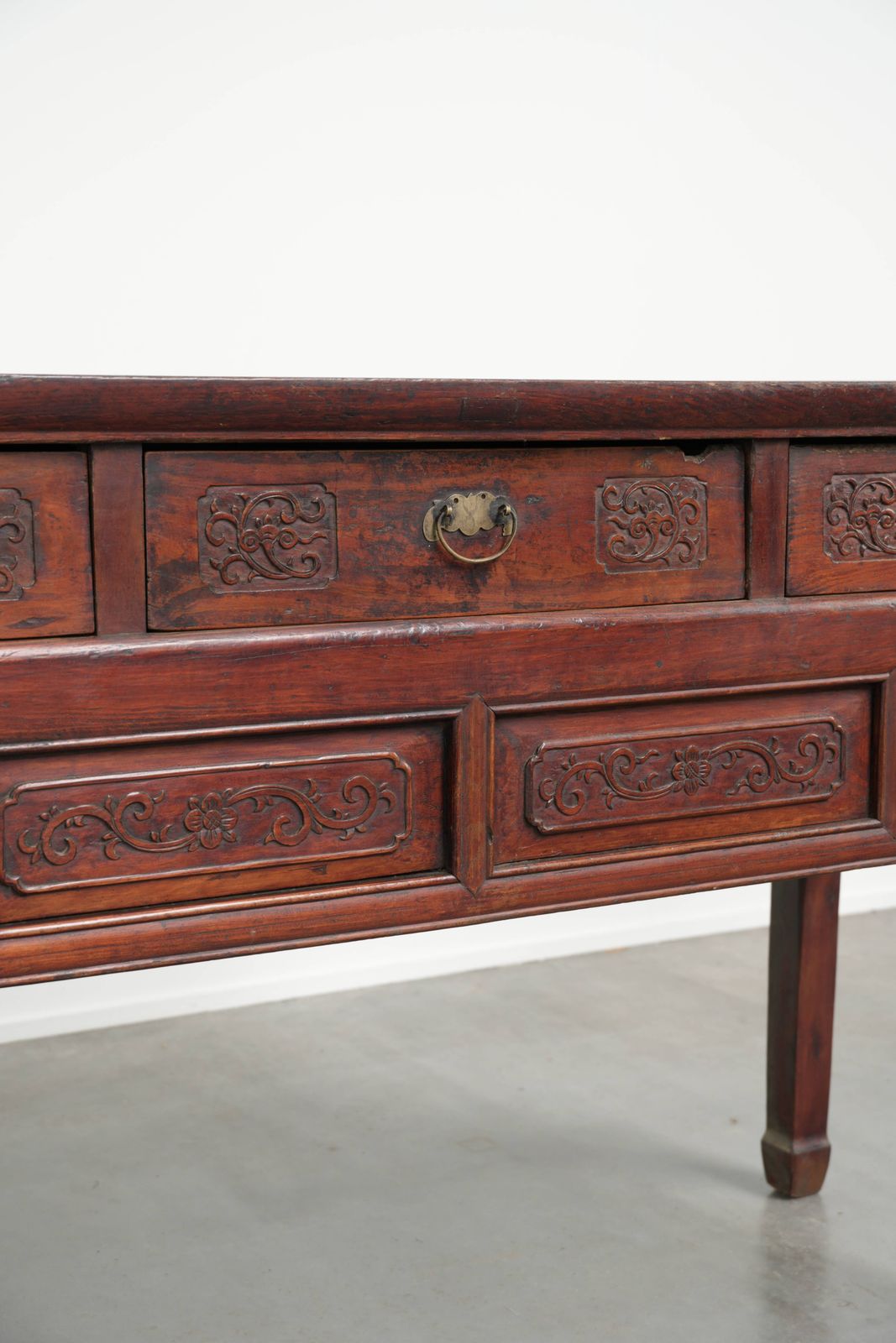 1326.0 Antique Wooden Chinese Sideboard From The Late 19th Century In A Beautiful Red Color With Exquisite Wood Carving. photo
