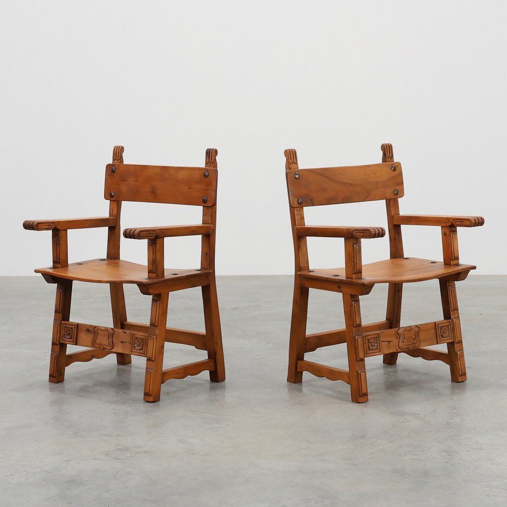 Rustic Carved Oak Side Chairs, Spain, 1900, Set Of 2