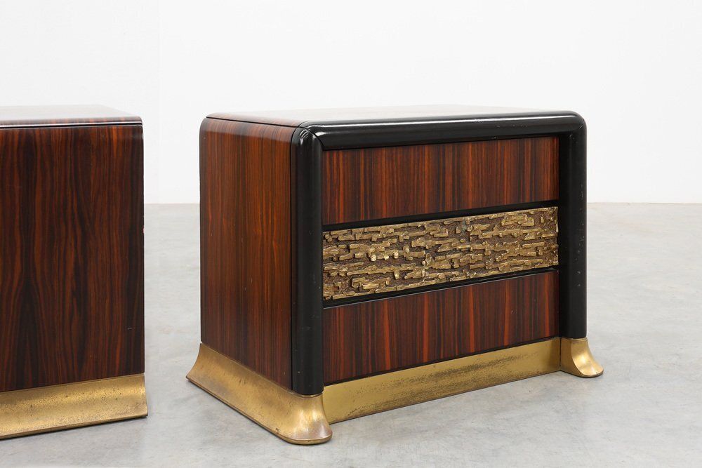 Nightstands In Wood With Brass Relief, Italy 1970s, Set Of 2 photo furniture