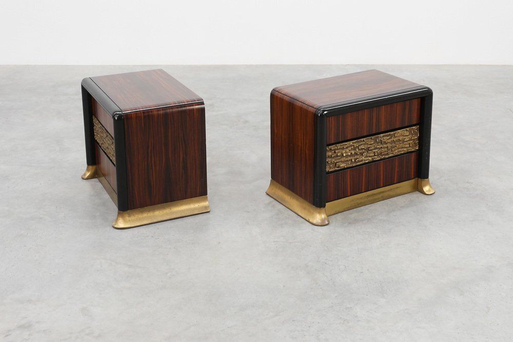 Nightstands In Wood With Brass Relief, Italy 1970s, Set Of 2 photo buy