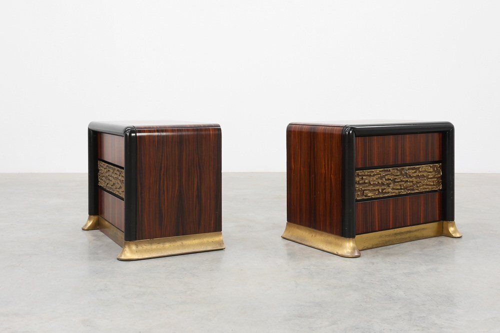 Nightstands In Wood With Brass Relief, Italy 1970s, Set Of 2 photo vintage