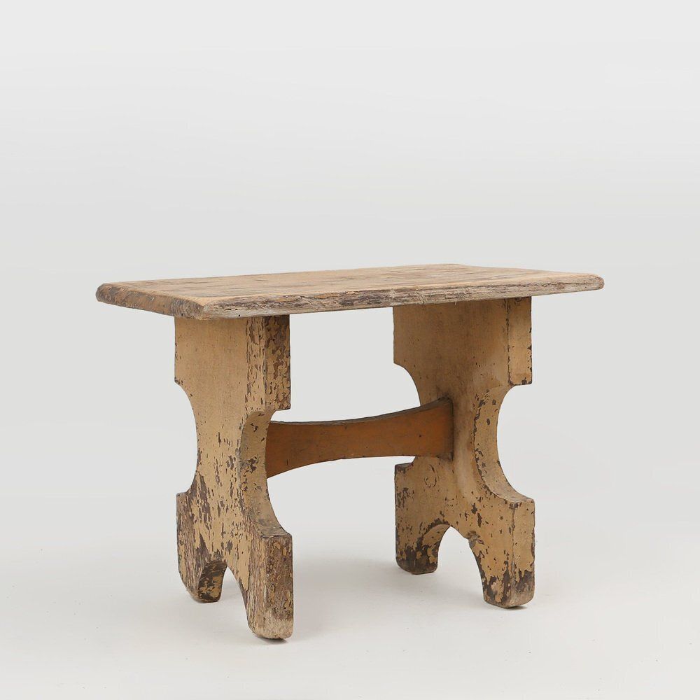 Rustic Low Stool In Painted Wood, France, 1900