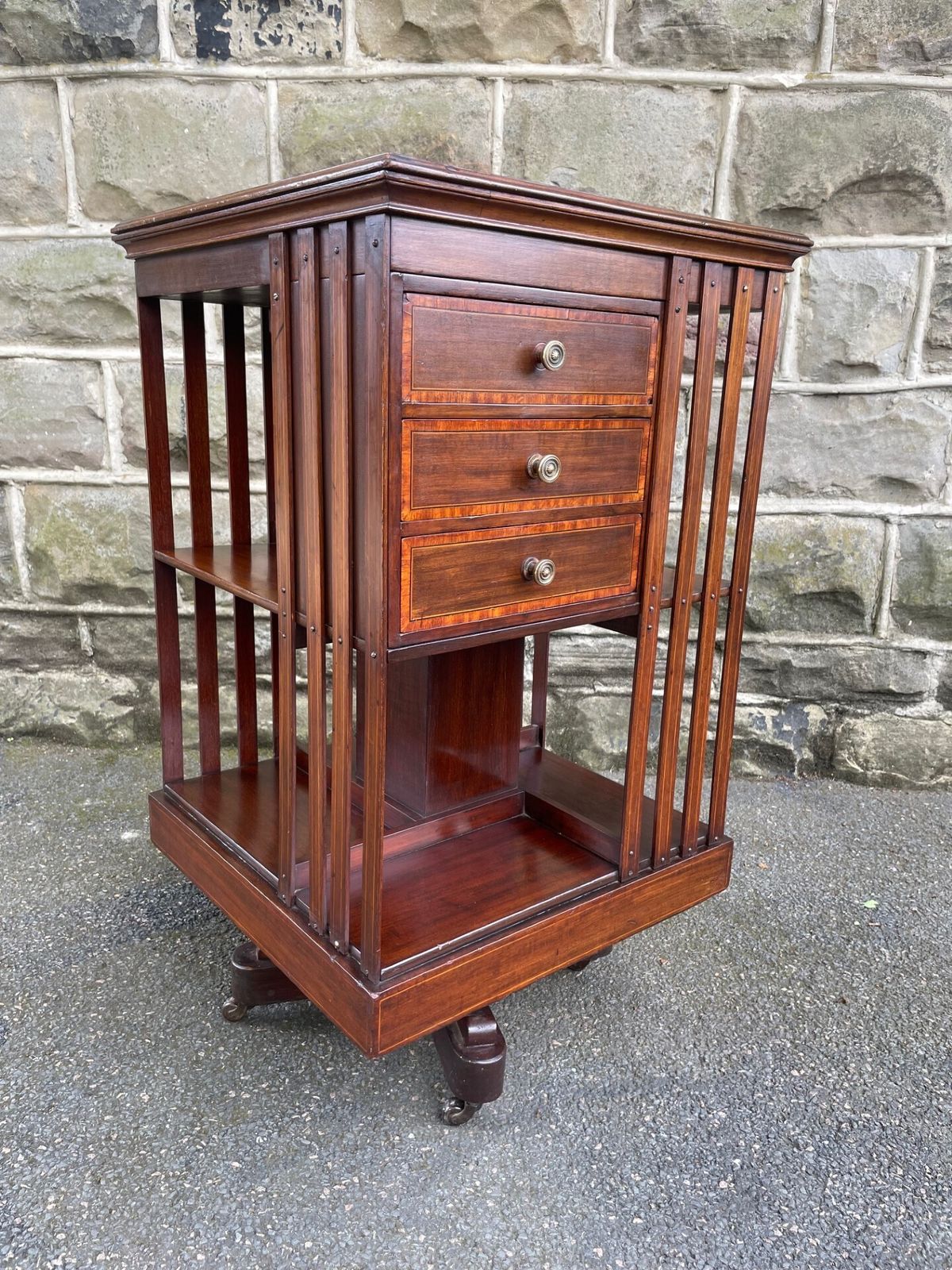 555.0 Antique Inlaid Mahogany Revolving Library Bookcase photo