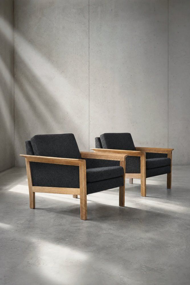 photo for sale Mid Century Danish Modern Oak And Felt Lounge Chairs, 1960s, Set Of 2
