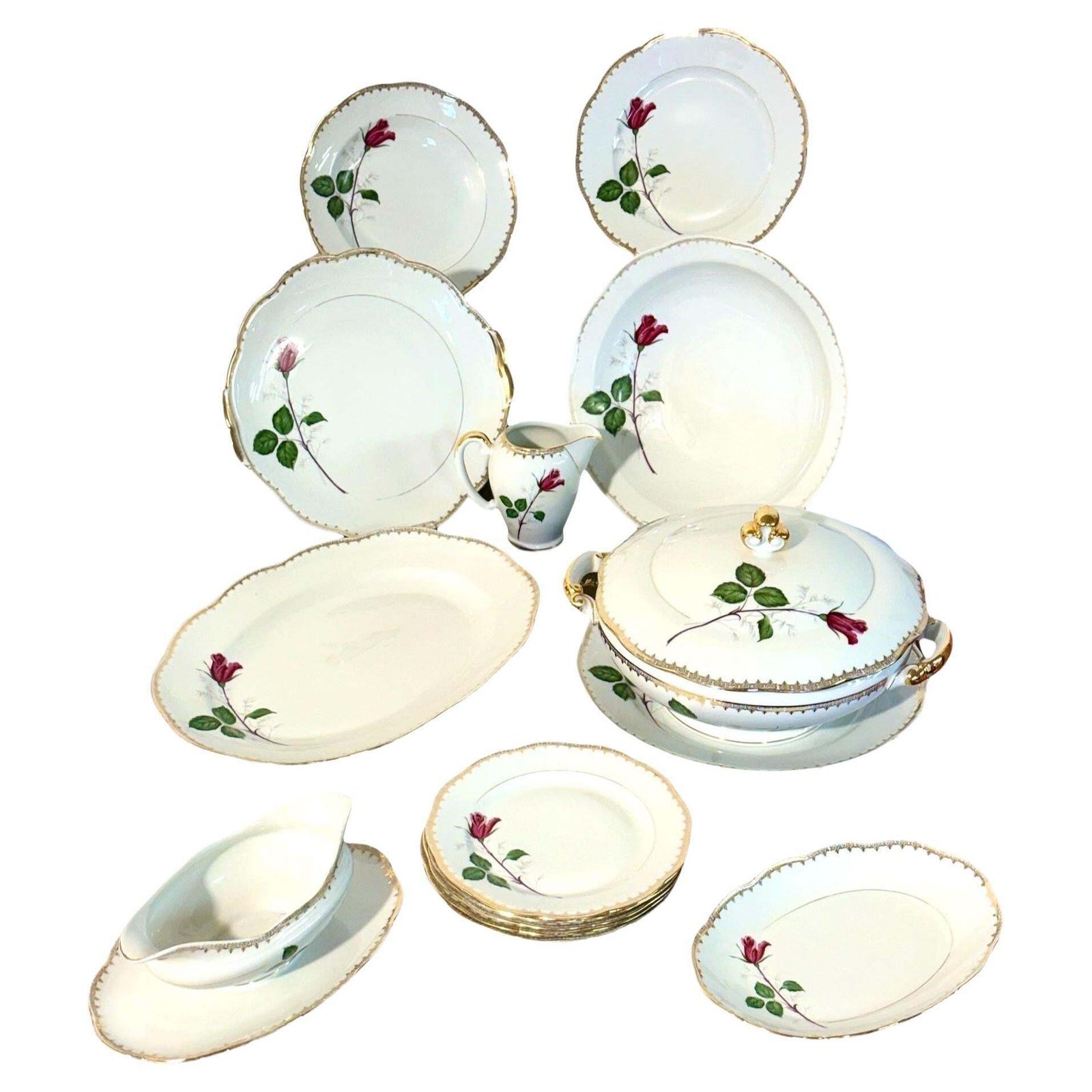 French Porcelain Dinner Service With Rose Motif, 45 Pieces
