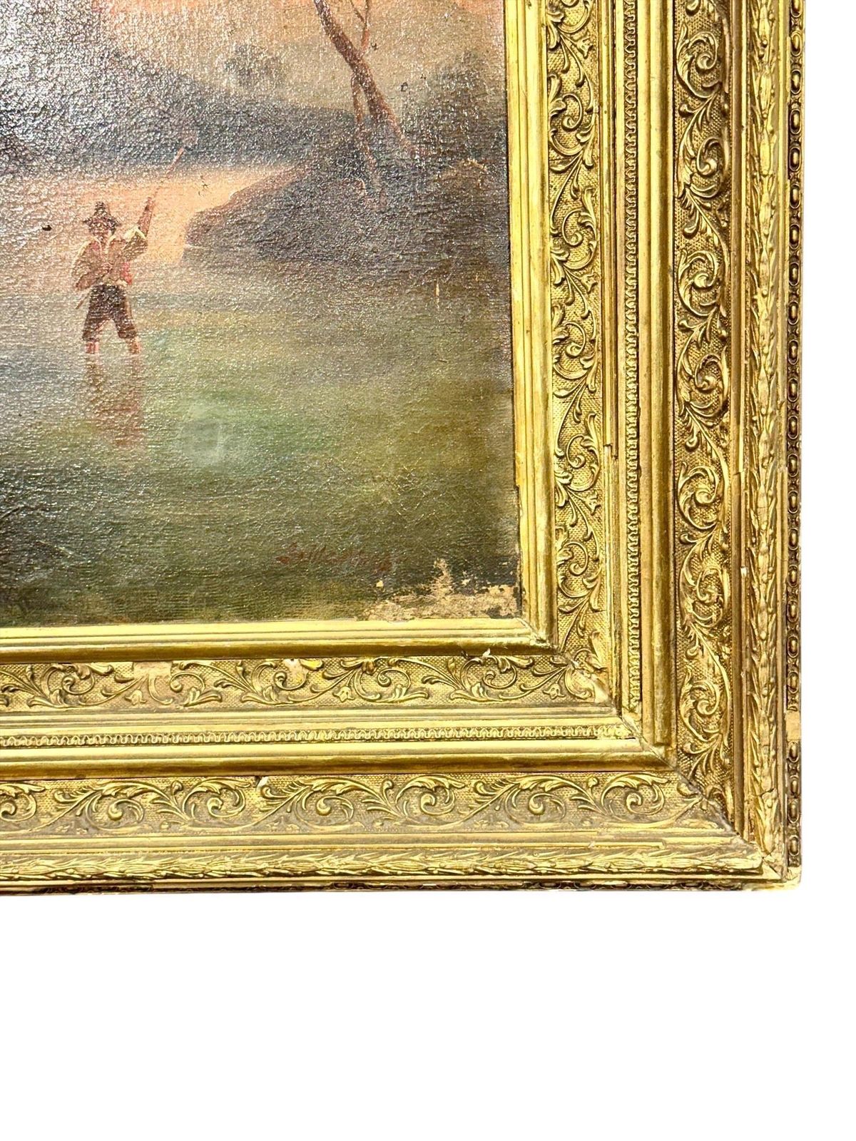 Late 19th Century Pastoral River Landscape Oil Painting, France 1888 photo vintage