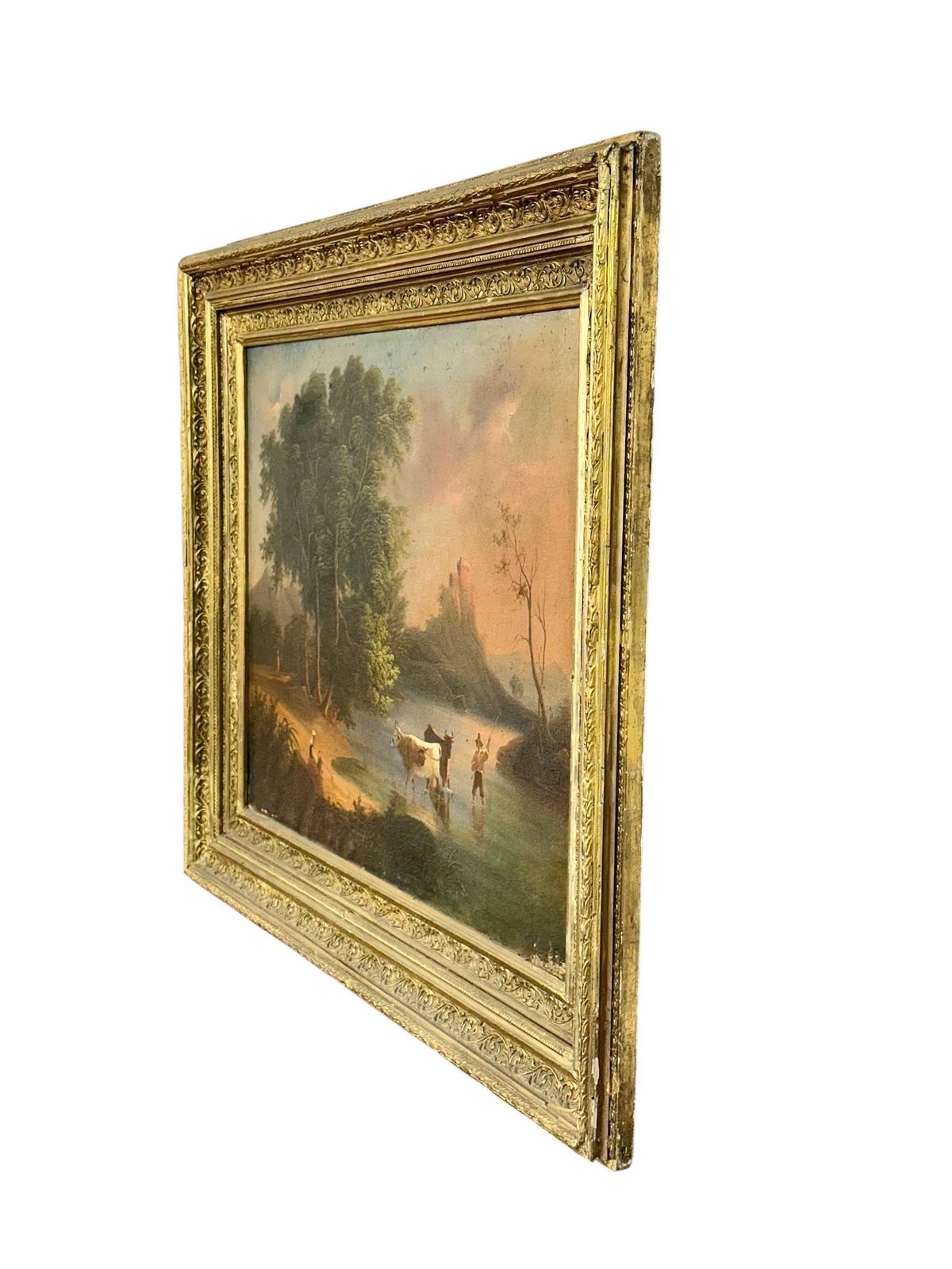 photo vintage Late 19th Century Pastoral River Landscape Oil Painting, France 1888