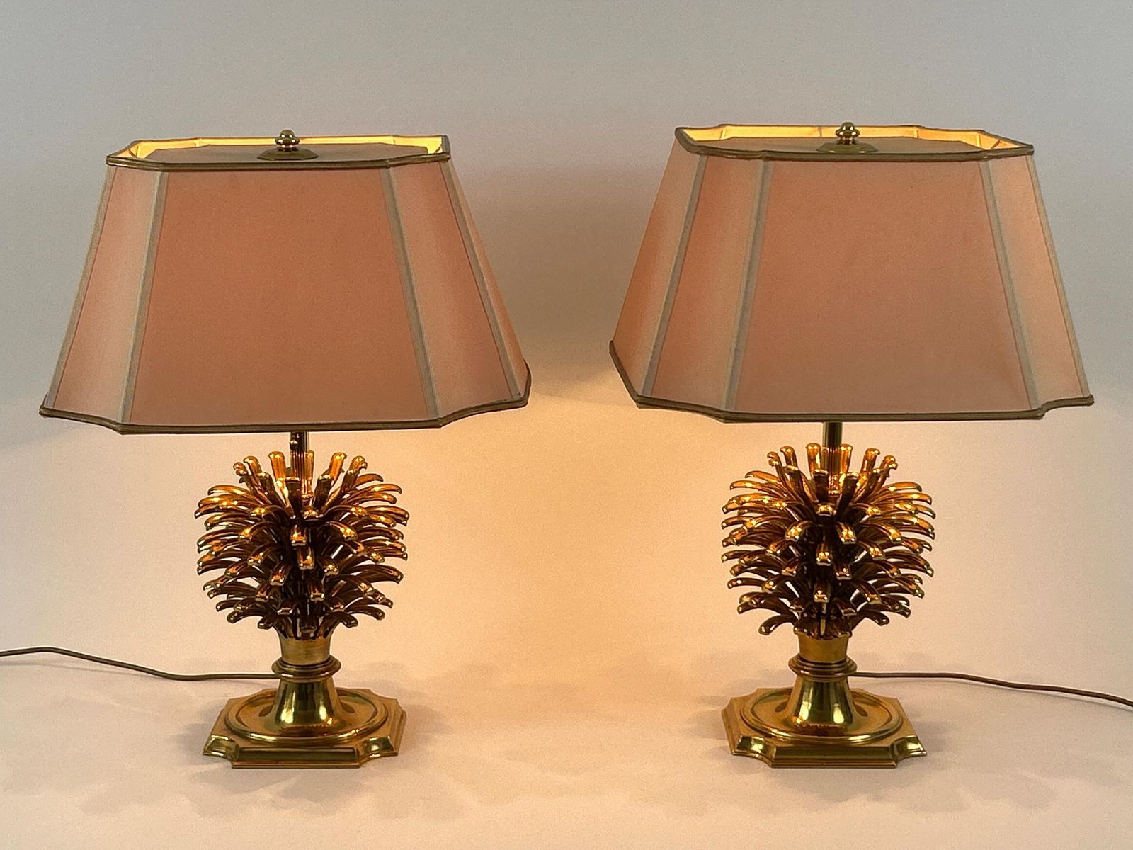 Set Of Two Large Exceptional Brass Pine Cone Table Lamps By Feese Germany 1980s photo Lighting